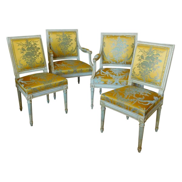 Pluvinet : mobilier de salon 4 pièces d'époque Louis XVI, damas de soie jaune - estampillé